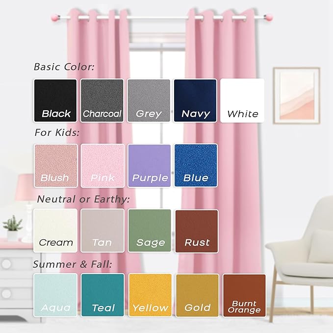 Mrs.Naturall Baby Pink Blackout Curtains for Nursery Bedroom,Thermal Insulated Block Heat Light Blocking Room Darkening Window Curtain for Girls Bedroom Kids,63 Inch Length 2 Panels