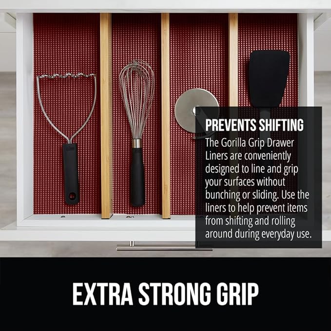 Gorilla Grip powerGRIP Drawer Shelf and Cabinet Liner, Thick Strong Hold, Non-Adhesive Liners Protect Kitchen Cabinets and Cupboard, Bathroom Drawers, Easy Install, Breathable Mat, 17.5" x10', Red