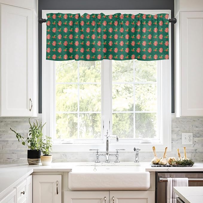 Holy Berries Christmas Window Valance for Kitchen Living Room, Red Floral Window Curtain for Bedroom Bathroom, Winter Windows Valance Rod Pocket Window Treatment, Christmas Decors, 54" W x 18" L