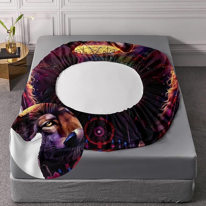 AILONEN Wolf Dream Catcher Fitted Sheet Set Twin XL Size, Wildlife Wolf Bed Sheet Set,Safari Animal Moon Wolf Fitted Sheet and 2 Pillowcases,3 Pieces(Boys/Men/Kids/Teens)