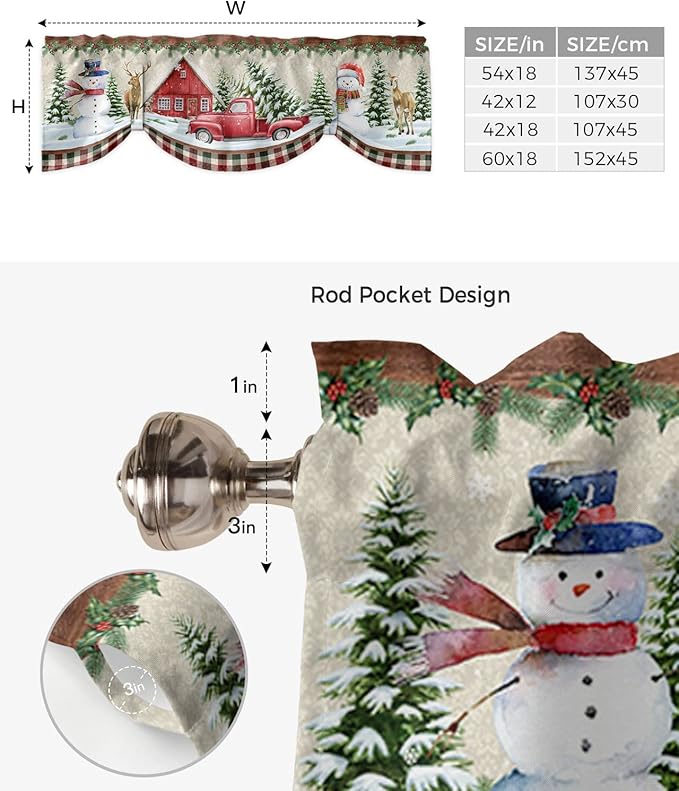 Christmas Farmhouse Blackout Tie Up Valance Curtains for Kitchen Windows Snowman Farm Red Truck Window Toppers Balloon Shades for Living Room/Bathroom/Bedroom,1 Panel,54" X 18" Winter Holiday