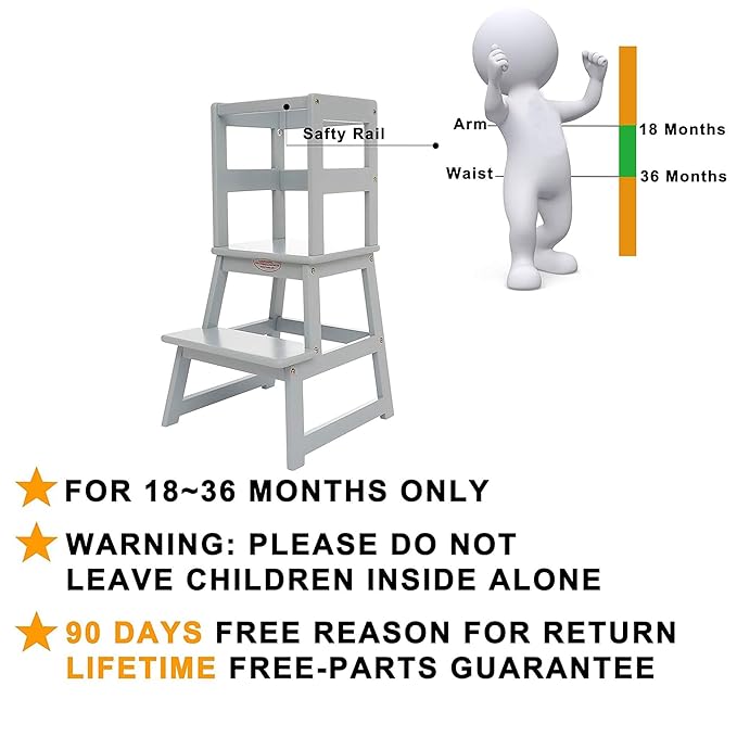 SDADI Kids Kitchen Step Stool Holds up to 150 Pounds with Safety Rail, Wide Platform Design, 4 Anti Slip Strips for 18 to 36 Months Old, Gray