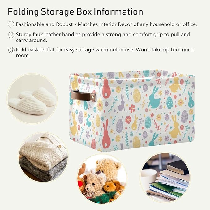 Happy Easter Day Eggs Bunny Storage Basket Fabric Laundry Baskets Easter Rabbit Peeps Spring Flowers Storage Boxes Organizer Bag for Baby Cloth Toy Book Storage Cubes Shelf Closet Bins 16×12×8 Inches