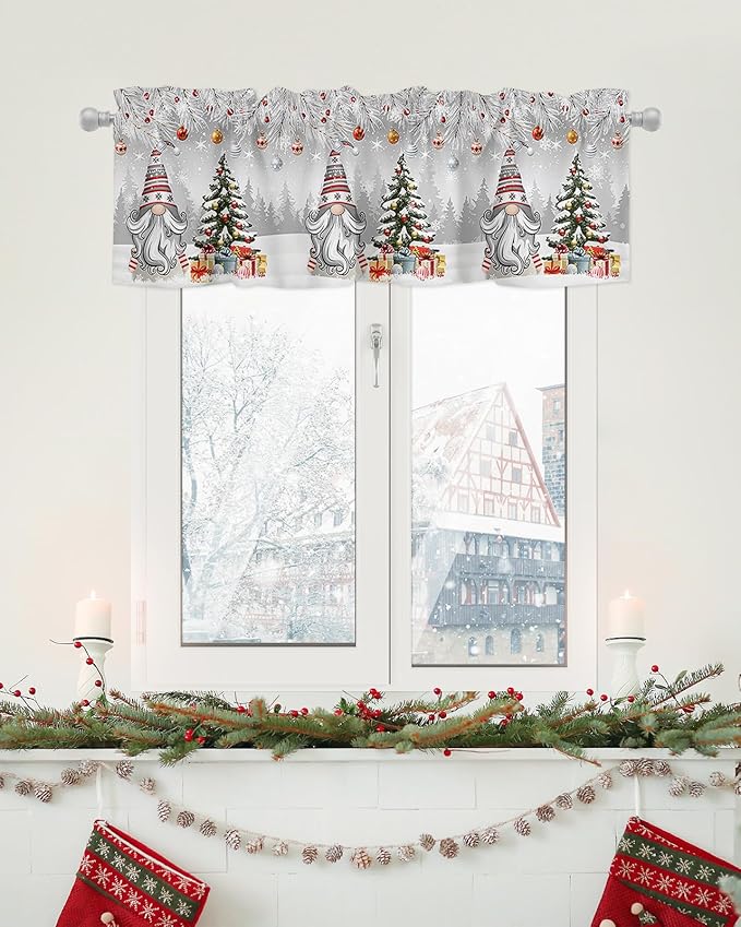 Christmas Gnome Valance Curtains for Kitchen Windows Winter Merry Christmas Tree Balls Rod Pocket Window Treatment Toppers for Kitchen/Living Room/Bedroom/Bathroom, 42" X 18", Grey