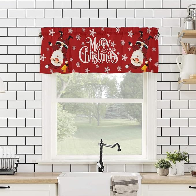 Red Merry Christmas Valance Curtains for Kitchen Windows Funny Hanging Santa Rod Pocket Window Treatment Toppers for Kitchen/Living Room/Bedroom/Bathroom, 42" X 12", Snow Winter Holiday