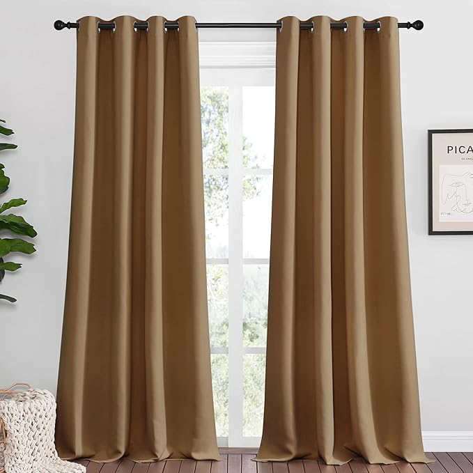 NICETOWN Sleek Blackout Curtains 90 inches Length for Windows, Noise Reducing and Block Draft Panels for Door Doorway Laundry Office Luxury Decor Theme (2 Panels, Gold Brown, W55 x L90 -Inch)