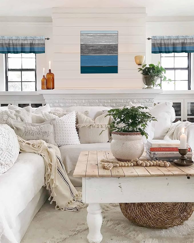 Farmhouse Kitchen Curtains Valances for Windows ,Blue Gray Ocean Hues Rod Pocket Country Window Treatment for Kitchen /Living Room/Bedroom/ Bathroom,54" X 18" -1 Panel, Retro Rustic Barn Wood Texture