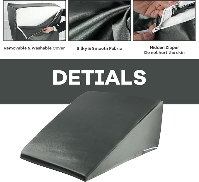 HOMBYS Satin Bed Wedge Pillow Cover Silky & Smooth Wedge Pillowcase 1 Pack 24x24x10, Soft & Breathable, Removable & Machine Washable-Zipper Design (Pillow Not Include),Dark Grey