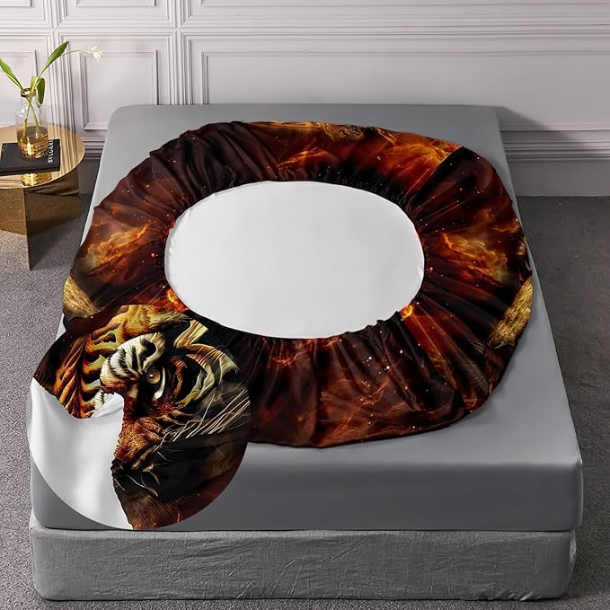 AILONEN Tiger Fitted Sheet Set Twin Size, 3D Fire Animal Tiger Bed Sheet Wildlife Sheet Set,Teen Boys 3 Pieces Printed Safari Tiger Fitted Sheet with 2 Pillowcases