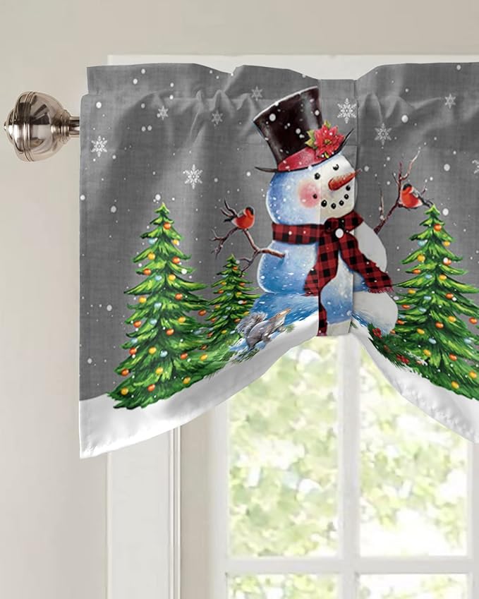 Christmas Snowman Blackout Tie Up Valance Curtains for Kitchen Windows Winter Holidays Cardinal White Snowflake Window Toppers Balloon Shades for Living Room/Bathroom/Bedroom,1 Panel,60" X 18" Gray