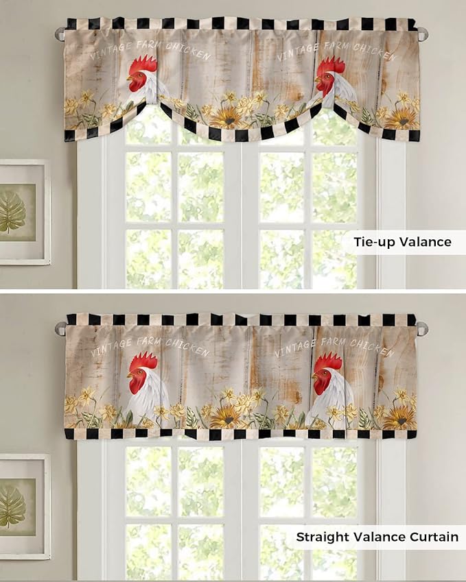 Farmhouse Blackout Tie Up Valance Curtains for Kitchen Windows Sunflower Vintage Farm Chicken Window Toppers Balloon Shades for Living Room/Bathroom/Bedroom,1 Panel,42" X 12" Black White Plaid