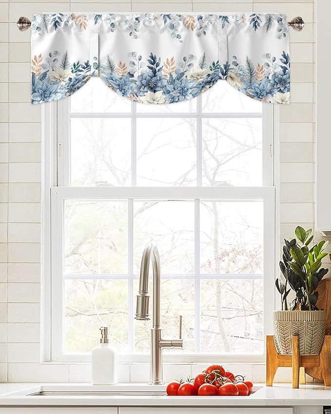 Blue Christmas Poinsettia Blackout Tie Up Valance Curtains for Kitchen Windows Winter Eucalyptus Leaves Window Toppers Balloon Shades for Living Room/Bathroom/Bedroom,1 Panel, 42" X 18",