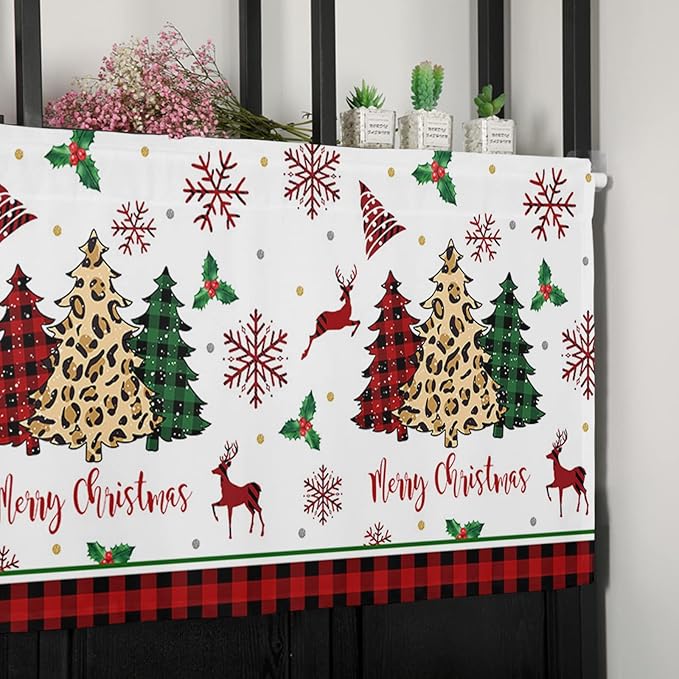Merry Christmas Kitchen Curtains Valances for Windows Farm Christmas Tree Buffalo Plaid Leopard Rod Pocket Window Treatment for Kitchen/Living Room/Bedroom/Bathroom,42" X 18" -1 Panel, Holiday Decor