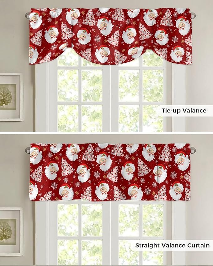 Red Christmas Blackout Tie Up Valance Curtains for Kitchen Windows Santa Claus Merry Christmas Tree Window Toppers Balloon Shades for Living Room/Bathroom/Bedroom,1 Panel, 60" X 18", Winter Snowflake