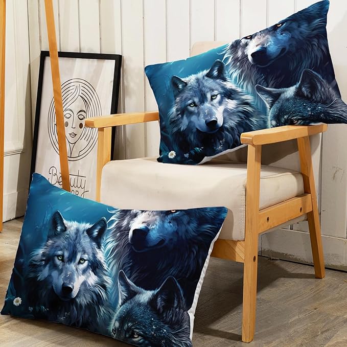 AILONEN Boys Wolf Fitted Sheet Set Twin Size, 3 Pieces Wildlife Bed Sheet Set,Evening Moon Wolf Sheet Set for Boys Teen Men,Wolves Print Fitted Sheet with 2 Pillowcases