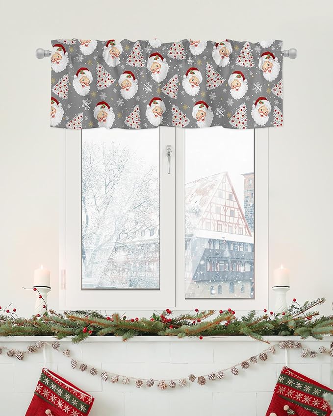 Grey Christmas Valance Curtains for Kitchen Windows Santa Claus Merry Christmas Tree Rod Pocket Window Treatment Toppers for Kitchen/Living Room/Bedroom/Bathroom, 42" X 12", Winter Snowflake