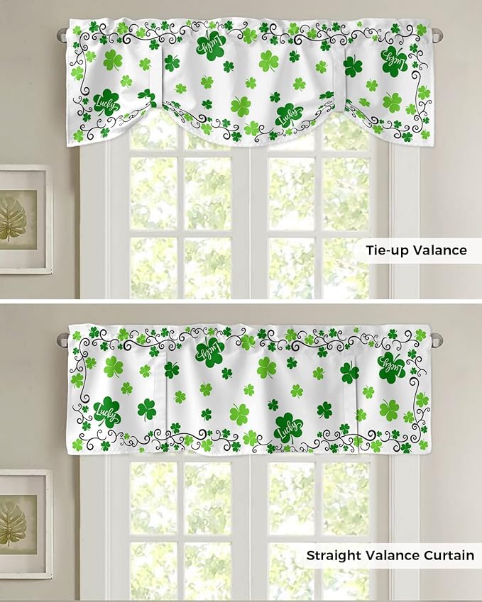 St. Patrick's Day Blackout Tie Up Valance Curtains for Kitchen Windows Green Shamrock Irish Clover Window Toppers Balloon Shades for Living Room/Bathroom/Bedroom,1 Panel, 42" X 12", Spring Holiday
