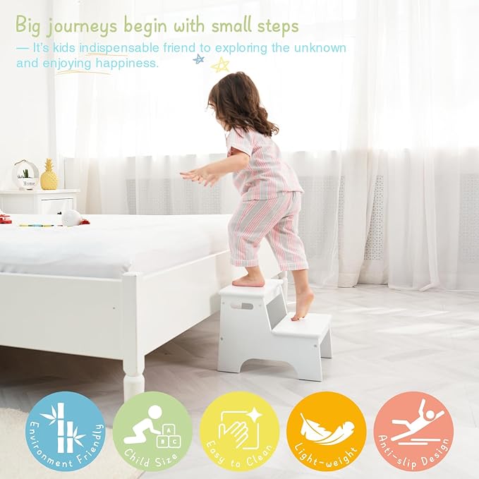 Forbena Wood 2 Step Stool for Kids Bathroom Sink, White Toddler Step Stool for Toilet Potty Training, Child Stepping Stool for Kitchen Nursery Bedroom, Sturdy Non Slip Adult Stool for Closet