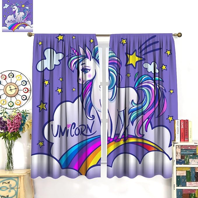 Kids Unicorn Curtains Purple Cartoon Rainbow Cartoon Room Blackout Curtains Boys Girls Baby Room Decor Curtains Living Room Decor 42x54 Inch 2 Panels