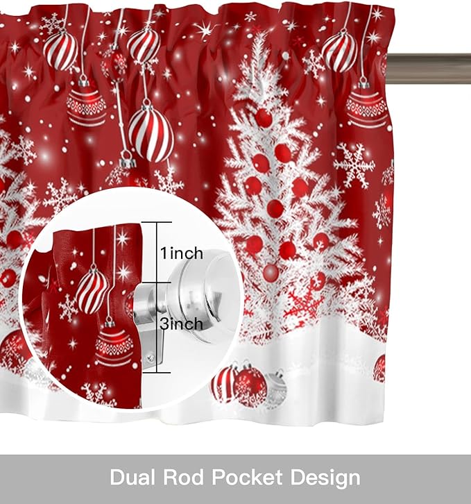 Red Christmas Valance Curtains for Kitchen Windows White Xmas Tree Snowflakes Red Balls Rod Pocket Window Treatment Toppers for Kitchen/Living Room/Bedroom/Bathroom, 60" X 18", Winter