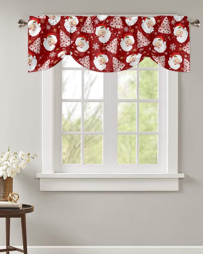 Red Christmas Blackout Tie Up Valance Curtains for Kitchen Windows Santa Claus Merry Christmas Tree Window Toppers Balloon Shades for Living Room/Bathroom/Bedroom,1 Panel, 60" X 18", Winter Snowflake