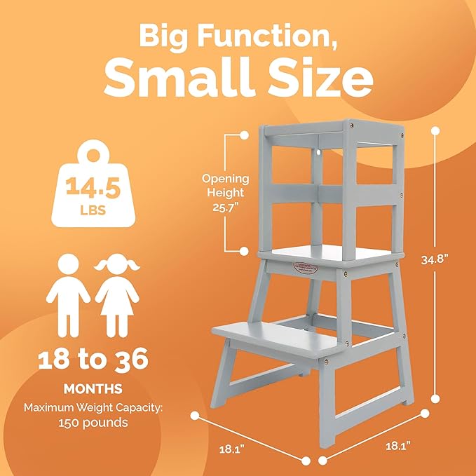 SDADI Kids Kitchen Step Stool Holds up to 150 Pounds with Safety Rail, Wide Platform Design, 4 Anti Slip Strips for 18 to 36 Months Old, Gray