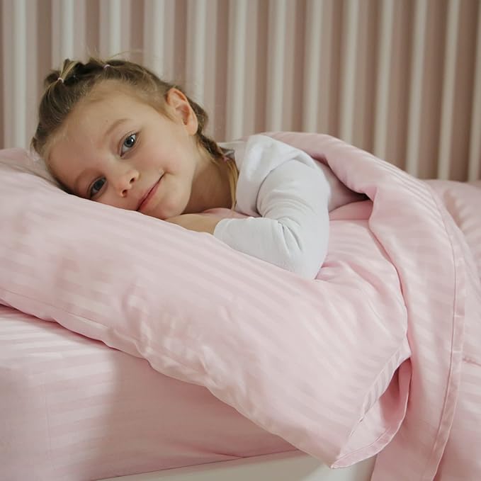 Toddler Bedding Set - 4 Piece Soft Crib Bedding Set for Girls, Includes Toddler Comforter, Flat Sheet, Fitted Sheet and Pillowcase, Pink Stripe