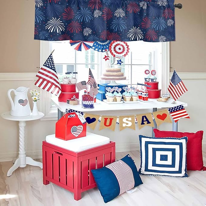 July 4th Kitchen Curtains Valances for Windows Fireworks Celebrate Patriotic Americana Stars Rod Pocket Window Treatment for Kitchen/Living Room/Bedroom/Bathroom, 42" X 12", Red, White and Blue