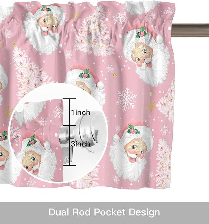 Pink Christmas Valance Curtains for Kitchen Windows Santa Claus Merry Christmas Tree Rod Pocket Window Treatment Toppers for Kitchen/Living Room/Bedroom/Bathroom, 42" X 18", Winter Snowflake