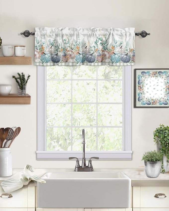 Fall Thanksgiving Kitchen Curtains Valances for Windows Navy Blue Pumpkins Green Eucalyptus Leaves Rod Pocket Window Treatment for Kitchen /Living Room/Bedroom/ Bathroom 54" X 18",Sage Farmhouse Plaid