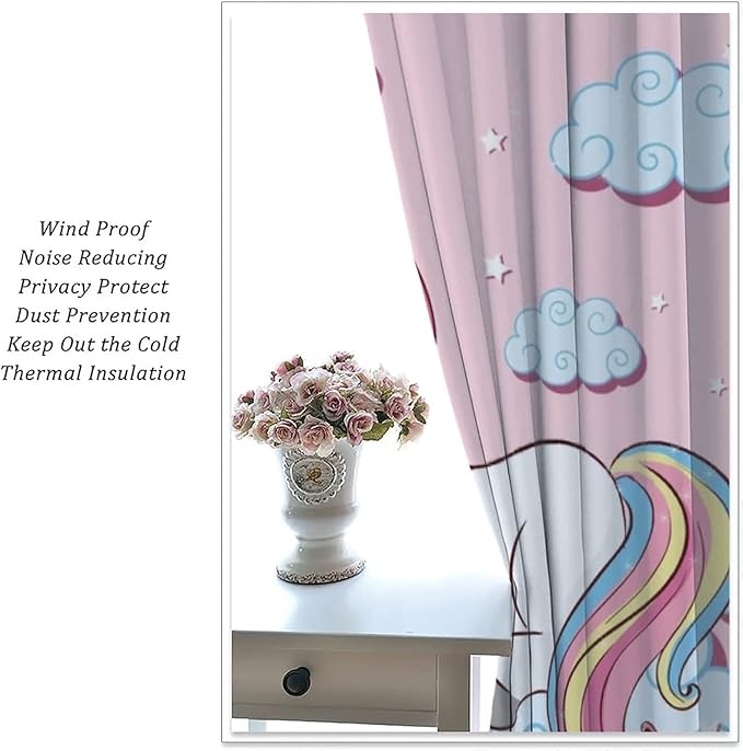 Unicorn Curtain for Kids Bedroom,Pink Cartoon Rainbow Darkening Curtains Decor Sliding Curtains Decorative Curtains for Girls Boys Baby Room,Living Room Decoration 42x63inch(107x160cm)