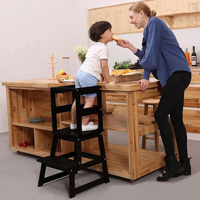 SDADI Kids Kitchen Step Stool Tower for Toddlers, Holds up to 150 lbs, w/ Safety Rail, Wide Platform Design, and 4 Anti-Slip Strips, Black
