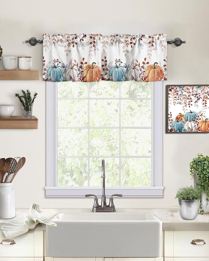 Fall Thanksgiving Kitchen Curtains Valances for Windows Watercolor Autumn Pumpkins Eucalyptus Leaves Rod Pocket Window Treatment for Kitchen /Living Room/Bedroom/ Bathroom,42" X 18", Blue Orange