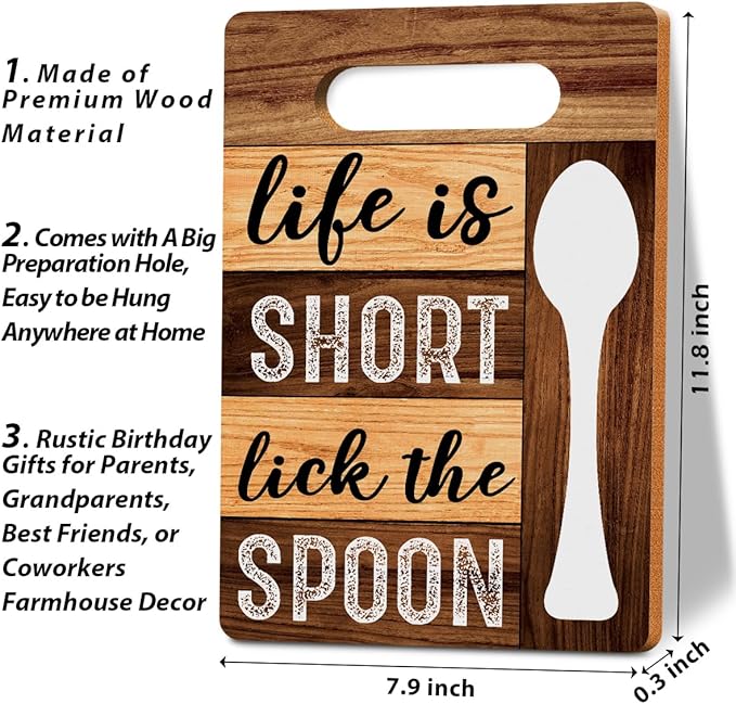 Life Is Short Lick the Spoon Cutting Board Gifts, Wood Cutting Boards for Kitchen, House Warming Gifts New Home, Kitchen Wall Art, Christmas Birthday Gifts for Women Mom Grandma 8 x 12 Inch