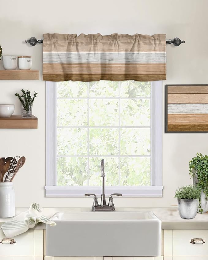 Farmhouse Kitchen Curtains Summer Fall Valances for Windows ,Brown Beach Fall Rod Pocket Country Window Treatment for Kitchen/Living Room/Bedroom/ Bathroom,60" X 18" -1 Panel, Rustic Barn Wood Texture