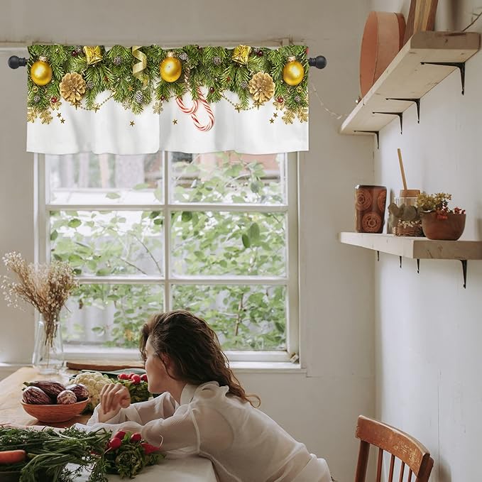 Christmas Kitchen Curtains Valances for Windows Pine Cones Rod Pocket Window Treatment for Kitchen/Living Room/Bedroom/Bathroom,60" X 18" -1 Panel, Golden Ornament Balls