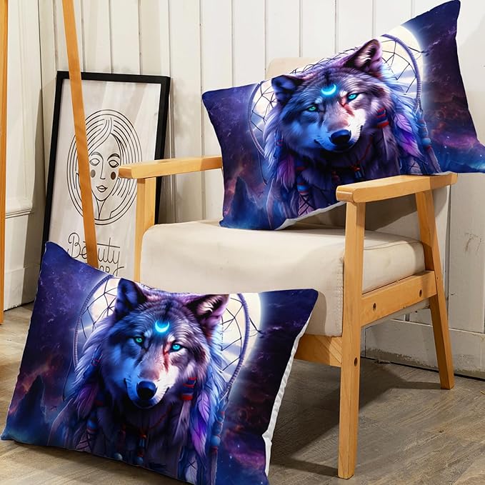 AILONEN Wolf Dream Catcher Fitted Sheet Set Twin XL Evening Purple Galaxy Starry Moon Wolf Bed Sheet with 2 Pillowcases,3 Pieces Wolf Print Boys Girls TwinXL Fitted Sheet Set