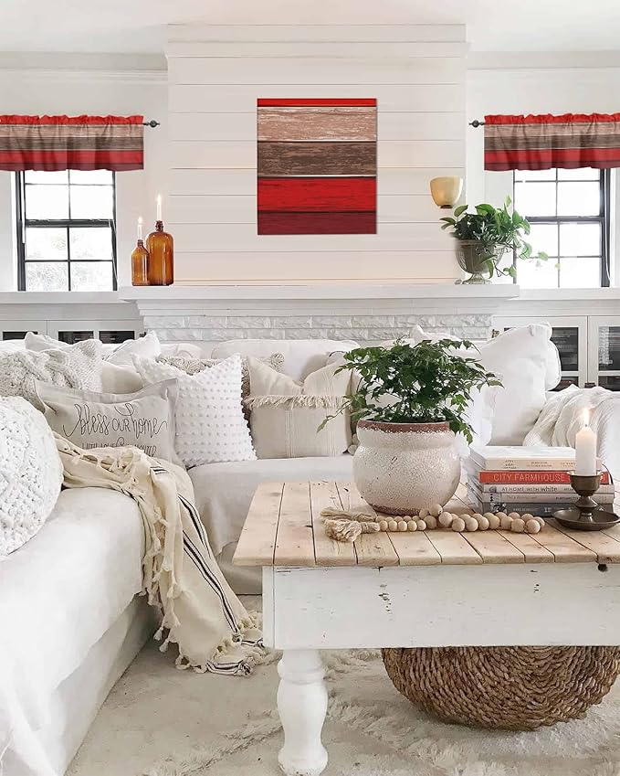 Farmhouse Kitchen Curtains Valances for Windows , Christmas Red Brown Rod Pocket Country Window Treatment for Kitchen /Living Room/Bedroom/ Bathroom,42" X 18" -1 Panel, Retro Rustic Barn Wood Texture