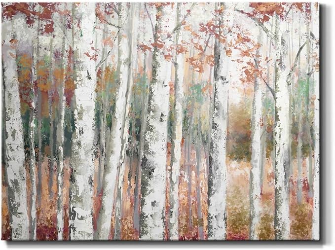 Renditions Gallery Canvas Nature Wall Art Modern Paintings Decorations Autumn Birch Forest Rustic Abstract Vibrant Foliage Wall Hanging Artwork for Bedroom Office Kitchen - 32"x48" LT33