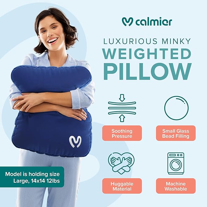 Calmier - 9 lb Sensory Weighted Pillow - Glass Bead Filled Hug Pillow - Ultra Plush Cozy Weighted Pillows for Adults and Kids - Child Sensory Pillow - Weighted Lap Pad (Blue - Minky, 9 LBS)