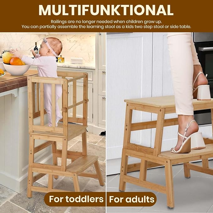 COSYLAND Kids Kitchen Step Stool,Toddler Standing Tower with CPC Certification, Removable Anti-Drop Railing Safety Rail Enjoys Unique Patented Design A Anti-tip Structure More Stable, Natural Bamboo