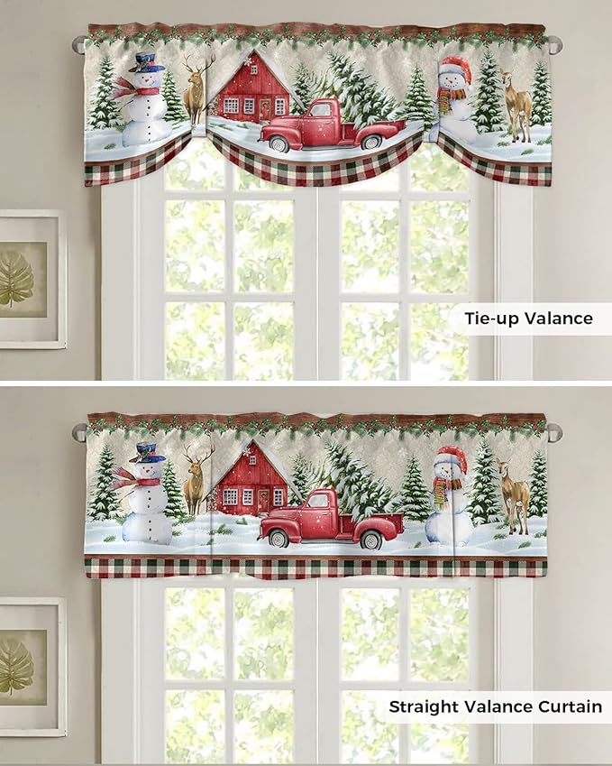 Christmas Farmhouse Blackout Tie Up Valance Curtains for Kitchen Windows Snowman Farm Red Truck Window Toppers Balloon Shades for Living Room/Bathroom/Bedroom,1 Panel,54" X 18" Winter Holiday