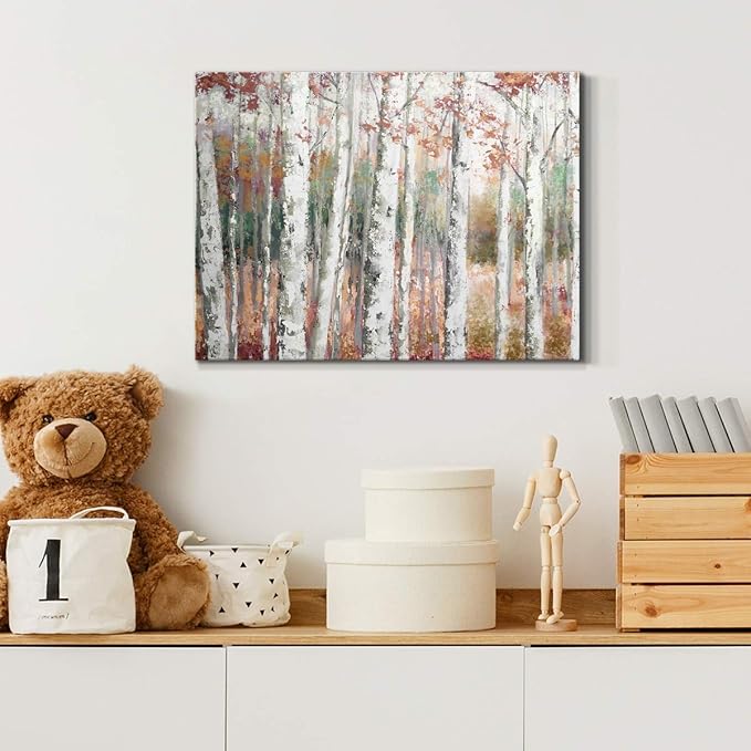 Renditions Gallery Canvas Nature Wall Art Modern Paintings Decorations Autumn Birch Forest Rustic Abstract Vibrant Foliage Wall Hanging Artwork for Bedroom Office Kitchen - 8"x12" LT33