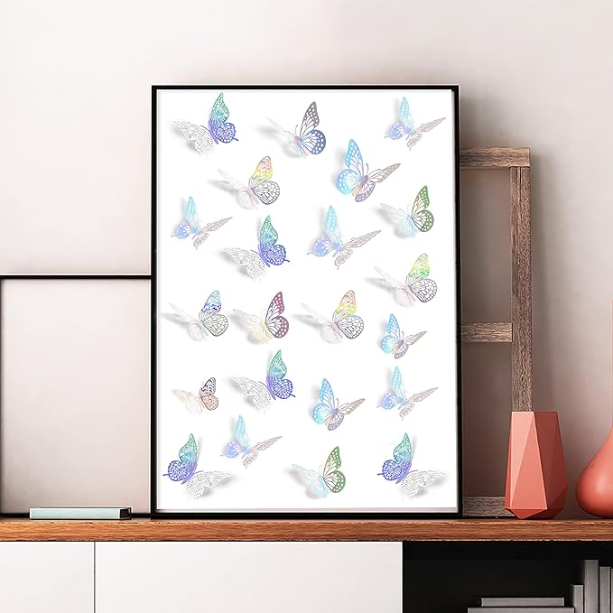 SAOROPEB 3D Butterfly Wall Decor 48 Pcs 4 Styles 3 Sizes, Butterfly Birthday Decorations Butterfly Party Decorations Cake Decorations, Removable Stickers (Laser)