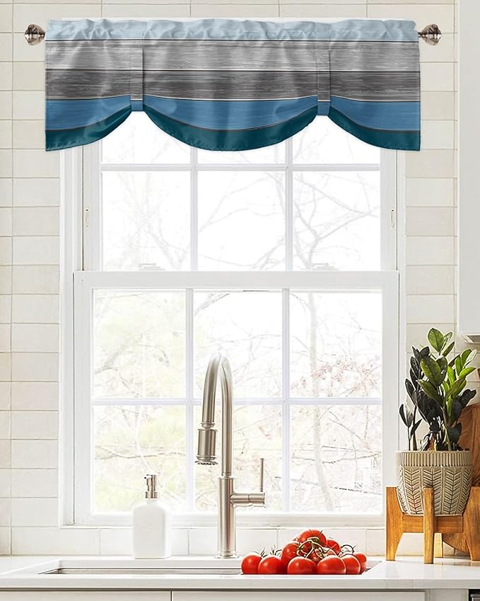 Farmhouse Blackout Tie Up Valance Curtains for Kitchen Windows,Blue Gray Ocean Hues Window Toppers Balloon Shades for Living Room/Bathroom/Bedroom,1 Panel,42" X 18" Retro Rustic Barn Wood Texture