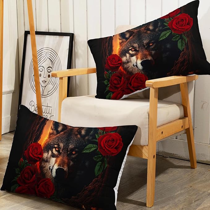 AILONEN Girls Wolf Fitted Sheet Set Queen Size, 3 Pieces Bedding Set Red Rose Wolf Sheet Set for Women Teen Kids,Wildlife Bed Sheet Set Wolf Fitted Sheet with 2 Pillowcases
