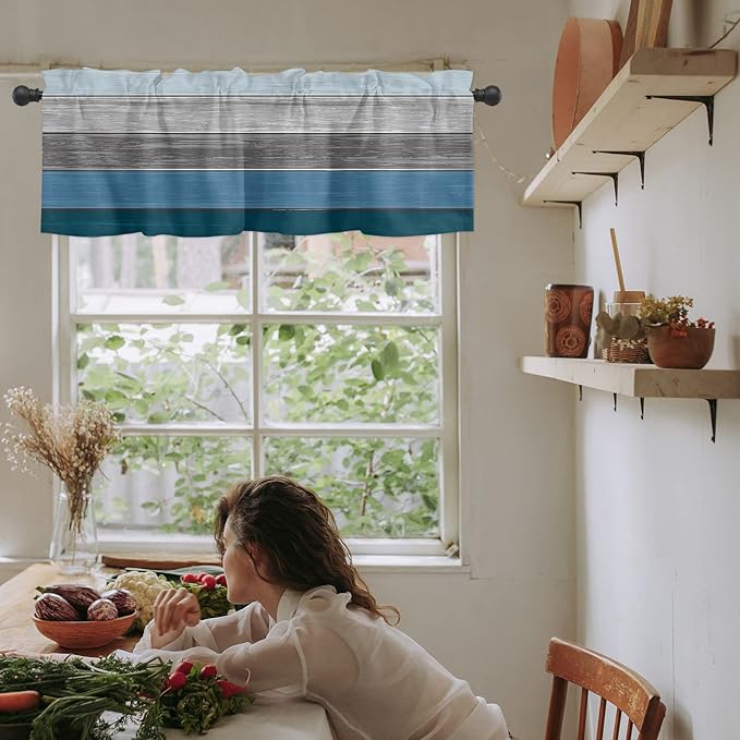 Farmhouse Kitchen Curtains Valances for Windows ,Blue Gray Ocean Hues Rod Pocket Country Window Treatment for Kitchen /Living Room/Bedroom/ Bathroom,54" X 18" -1 Panel, Retro Rustic Barn Wood Texture