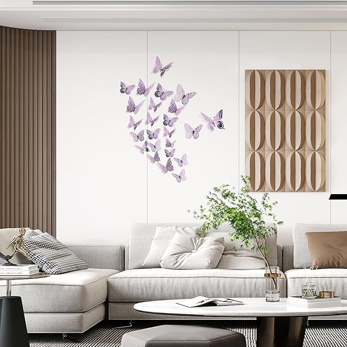 SAOROPEB 3D Butterfly Wall Decor 48 Pcs 4 Styles 3 Sizes, Butterfly Decorations for Butterfly Birthday Decorations Butterfly Party Decorations Cake Decorations, Removable Stickers (Lavender)