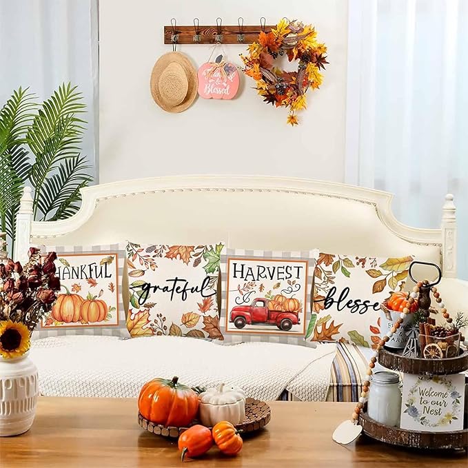 Fall Decorations for Home, Fall Pillow Covers 18x18 Set of 4, Thanksgiving Decorations Autumn Cushion Case for Couch(Fall07)