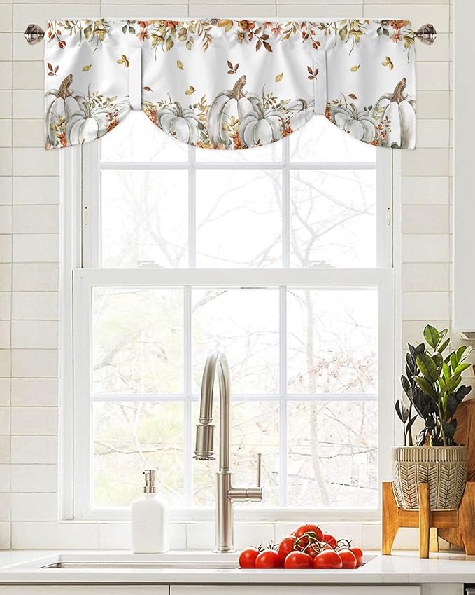 Fall Floral Leaves Blackout Tie Up Valance Curtains for Kitchen Windows Thanksgiving Pumpkins Window Toppers Balloon Shades for Living Room/Bathroom/Bedroom,1 Panel,42" X 12" Boho